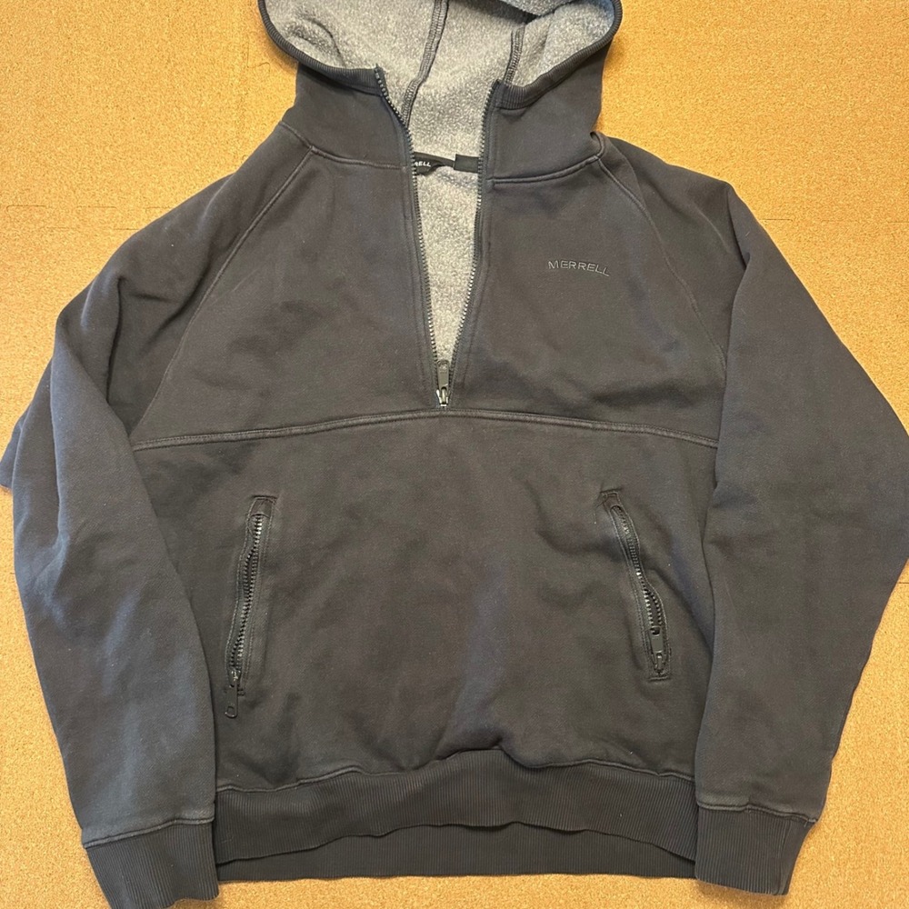 Merrell Men Small Black Fleece Lined Quarter Zip Hoodie Sweatshirt Zipper Pocket